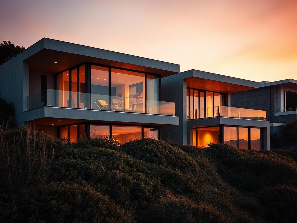 Casa moderna de arquitetura contemporânea no litoral ao anoitecer