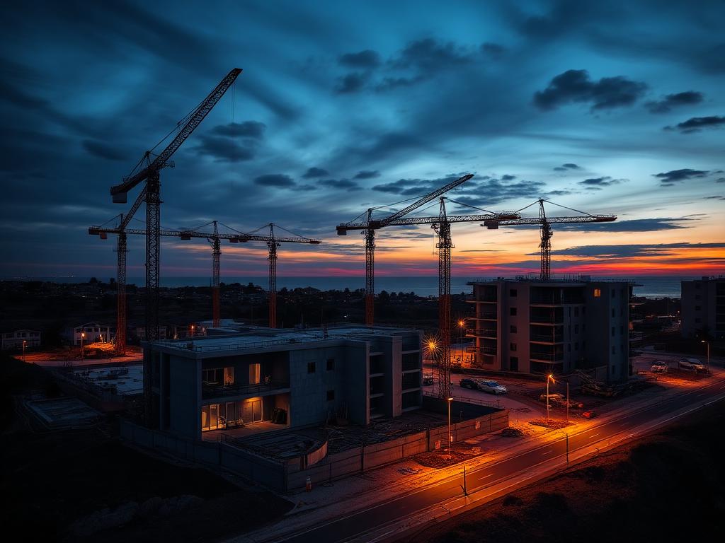 Obra de empreendimento residencial no litoral ao anoitecer