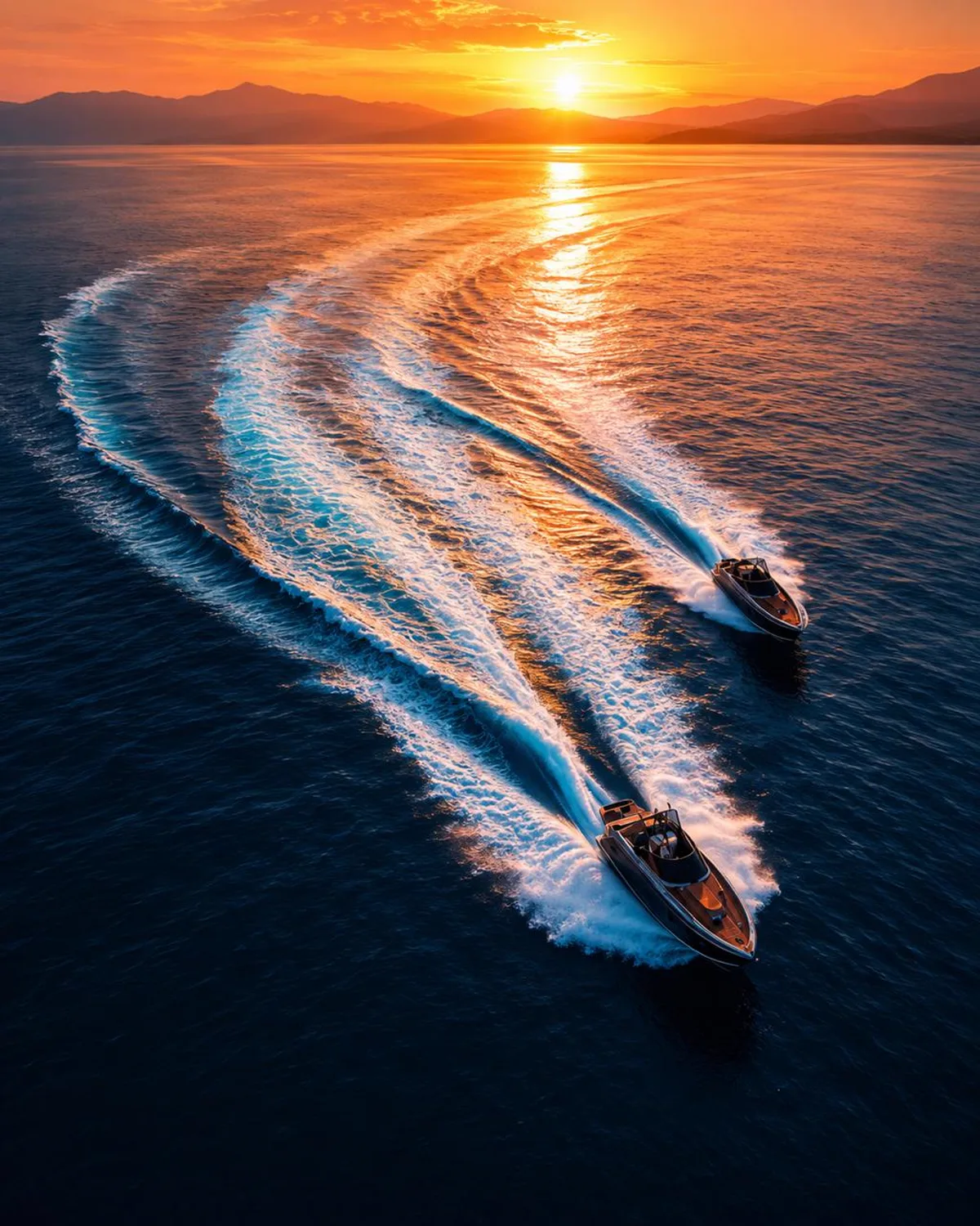 Duas lanchas cruzando o mar ao pôr do sol no litoral norte gaúcho