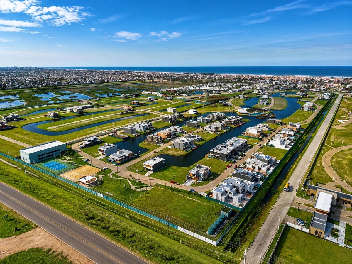Vista aérea de condomínio com lagos internos e a orla do litoral norte ao fundo